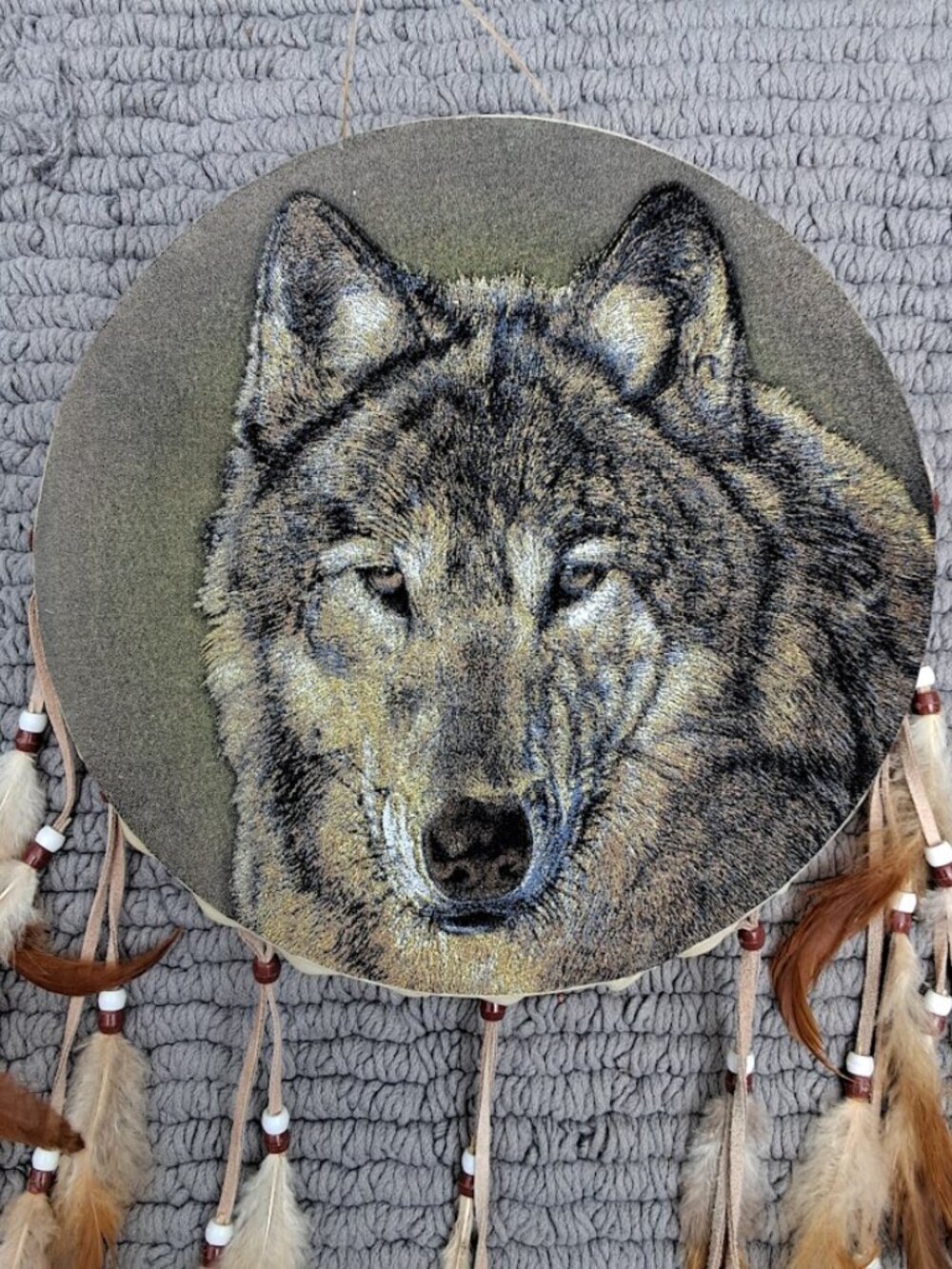 Native American Inspired Wolf Dreamcatcher - Drum, leather, feathers, and beads - Picture 2 of 7